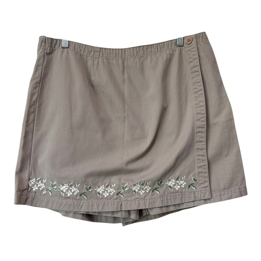 Vintage Paul Harris Floral Embroidered Cotton Khaki Wrap Skort Size 16 Retro Y2K